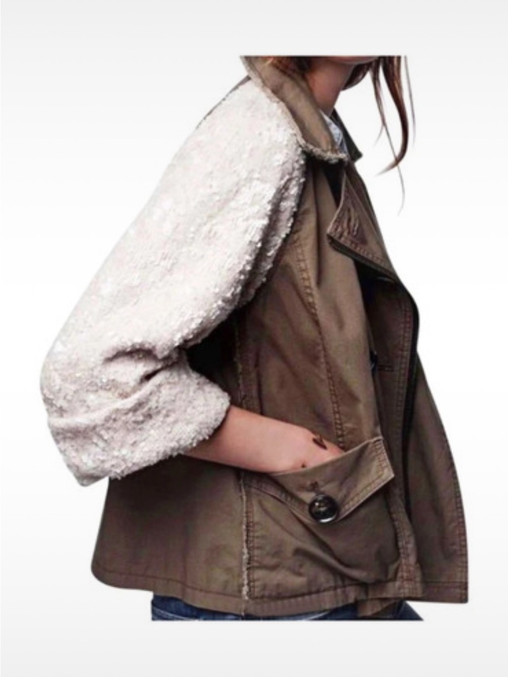 Anthropologie Olive Utility Jacket with Cream Bouclé Sleeves